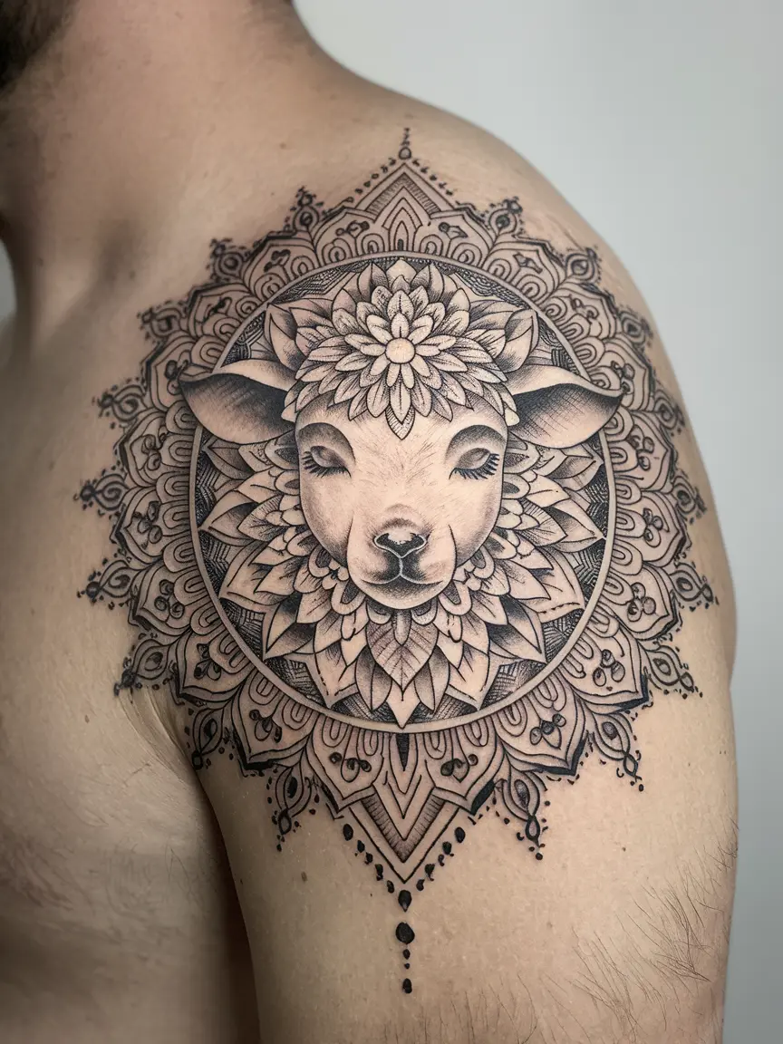 Mandala lamb tattoo on shoulder blade