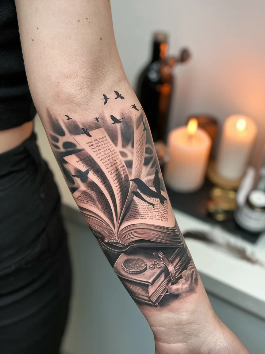 Woman's forearm tattoo of open book with flying pages