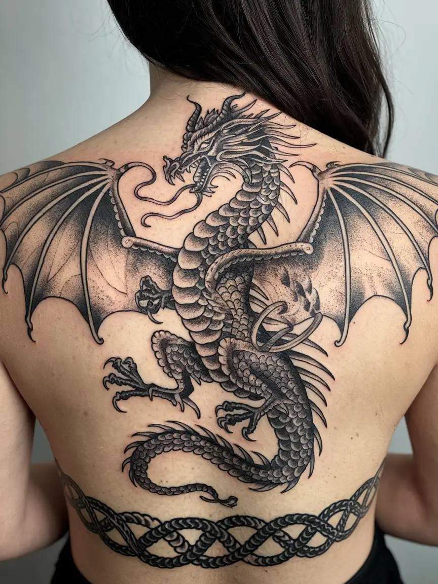Nordic dragon back tattoo