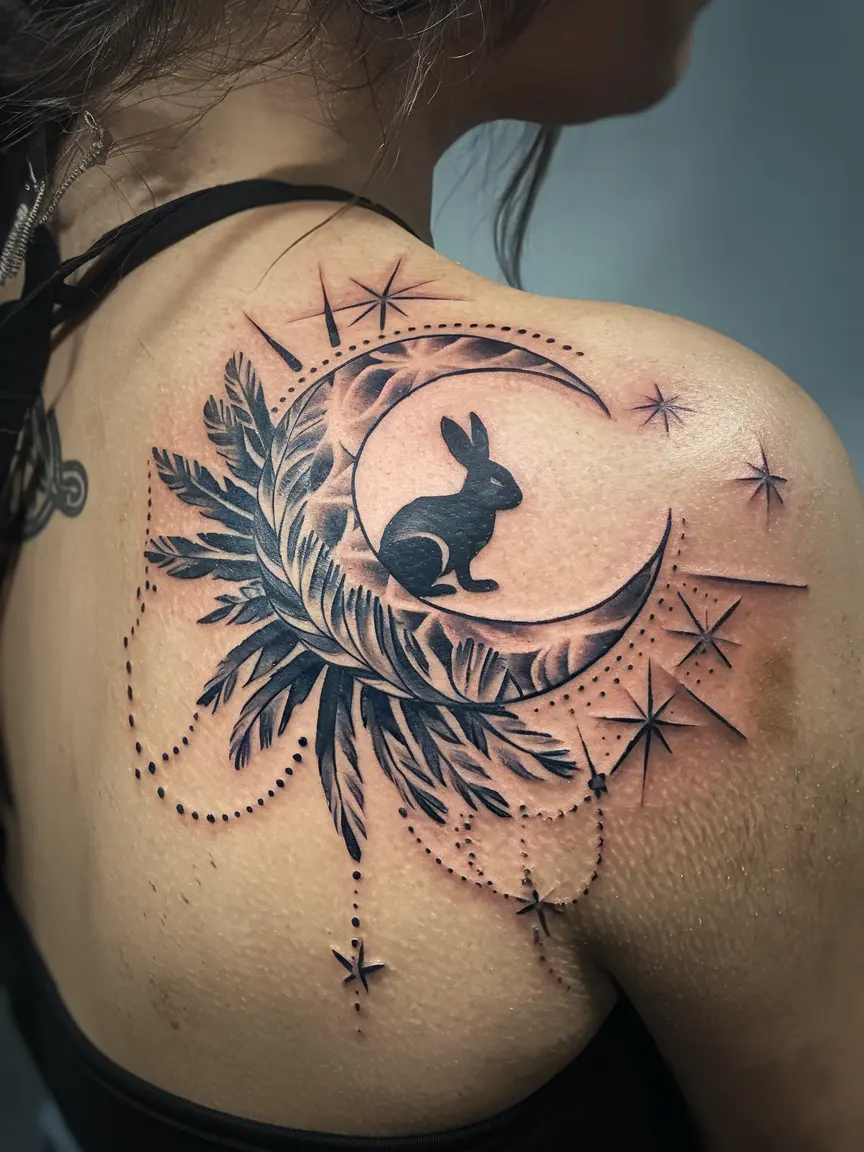 Woman's shoulder tattoo of Quetzalcoatl and moon rabbit