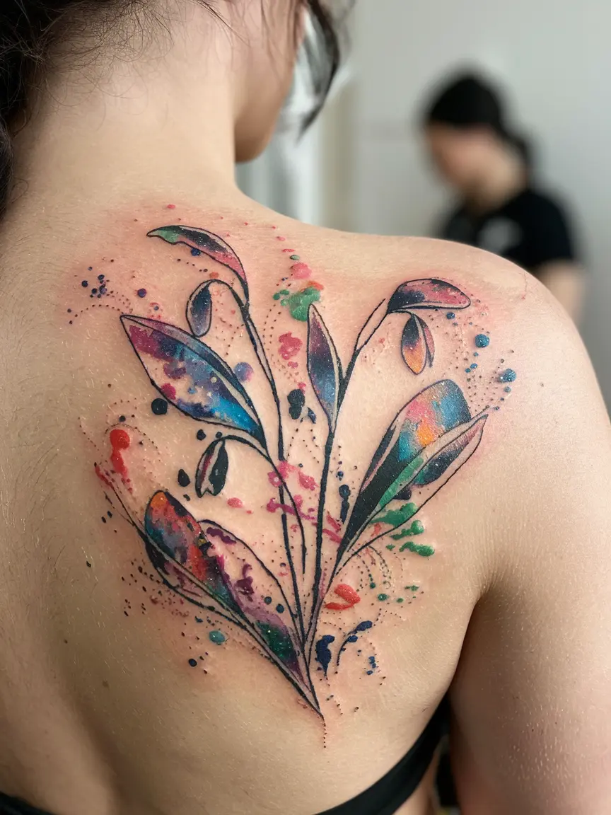 Abstract watercolor lily of the valley back tattoo