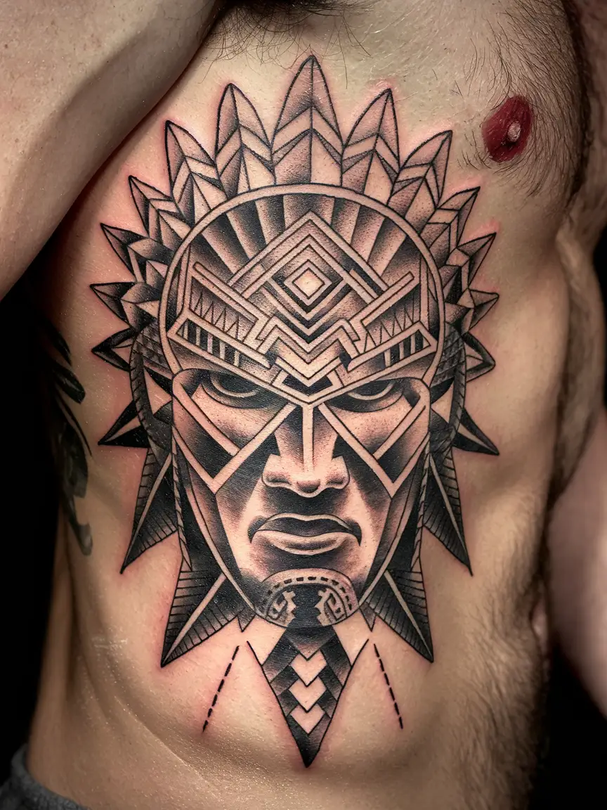 Aztec warrior mask neotribal tattoo on side
