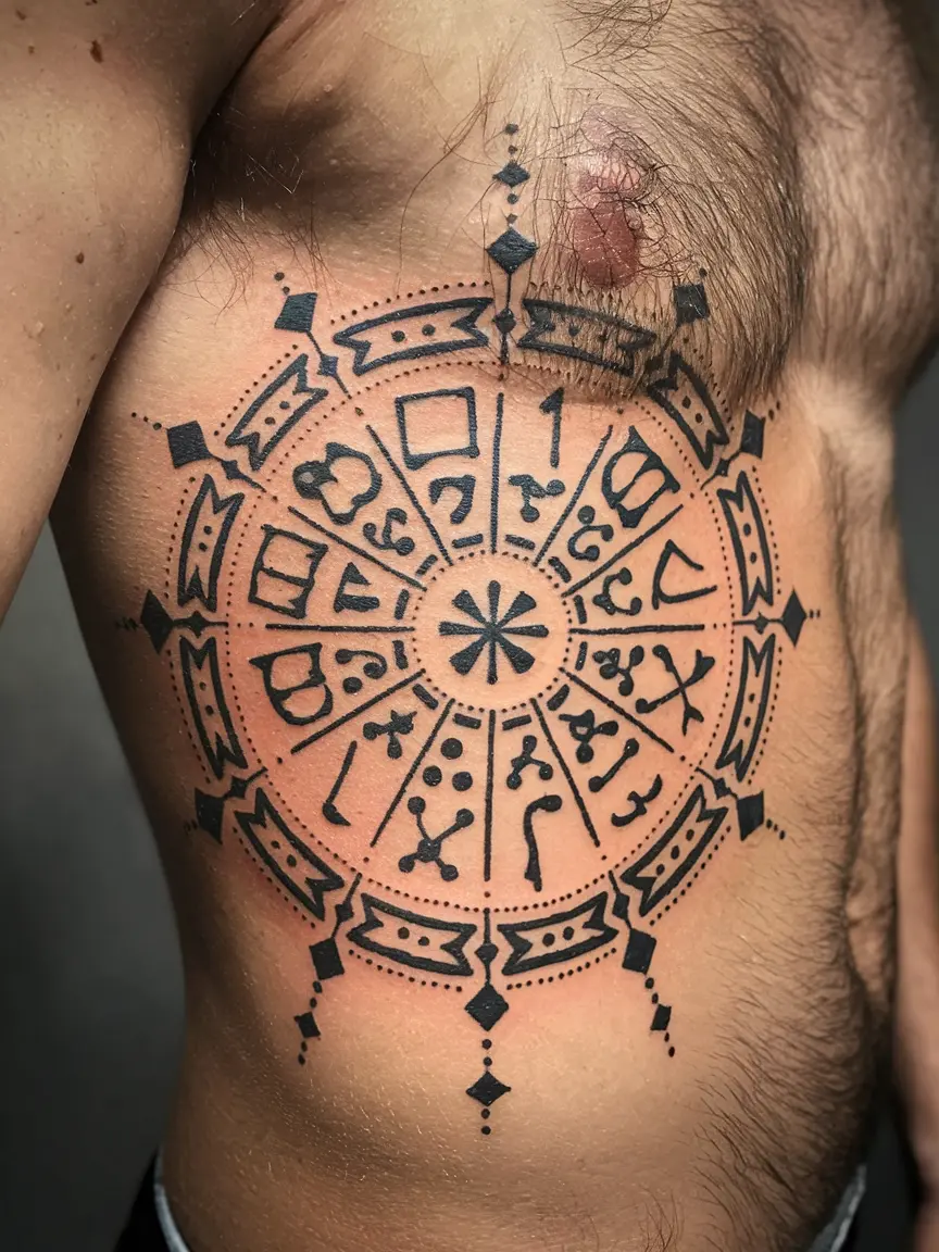 Phoenician alphabet neotribal tattoo on ribcage