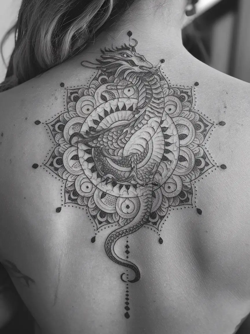 Mandala dragon back tattoo