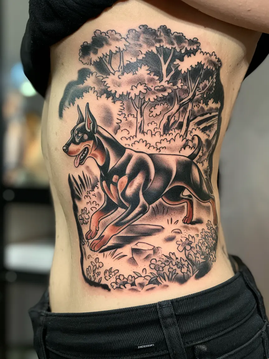 Doberman in nature tattoo on side