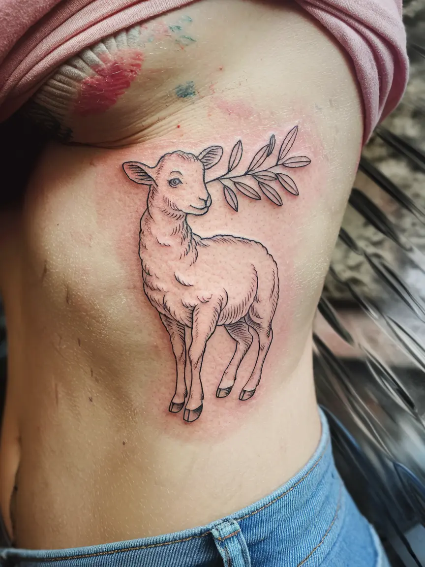 Lamb with olive branch tattoo on ribcage