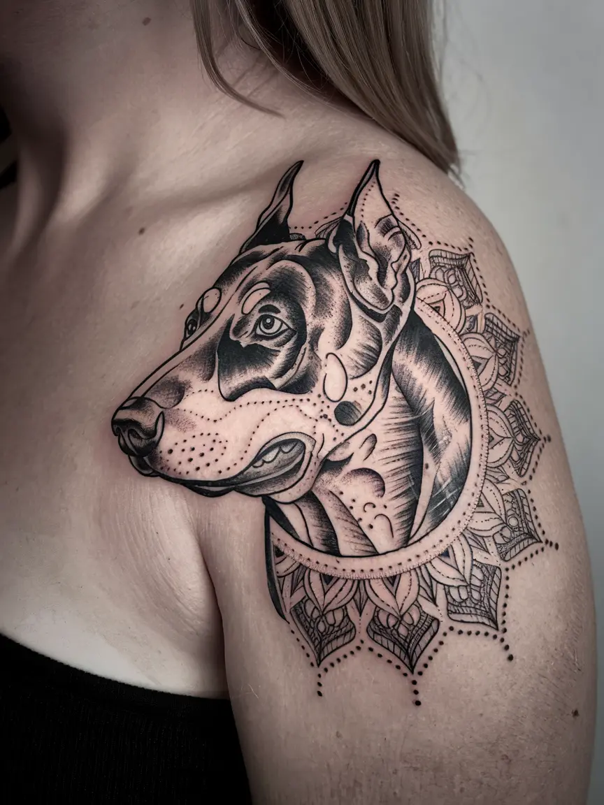 Doberman mandala tattoo on shoulder blade