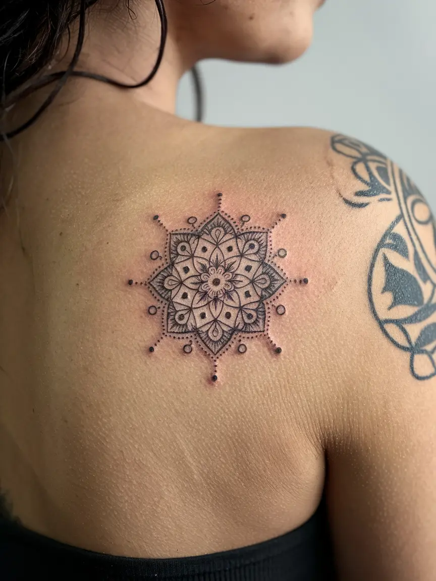 Simple mandala tattoo on woman's shoulder