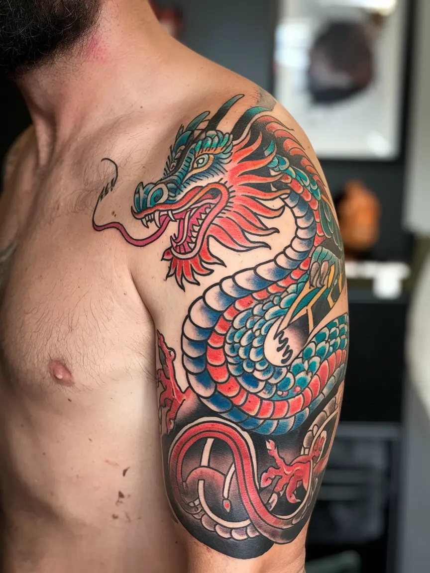 Neotraditional dragon bicep tattoo
