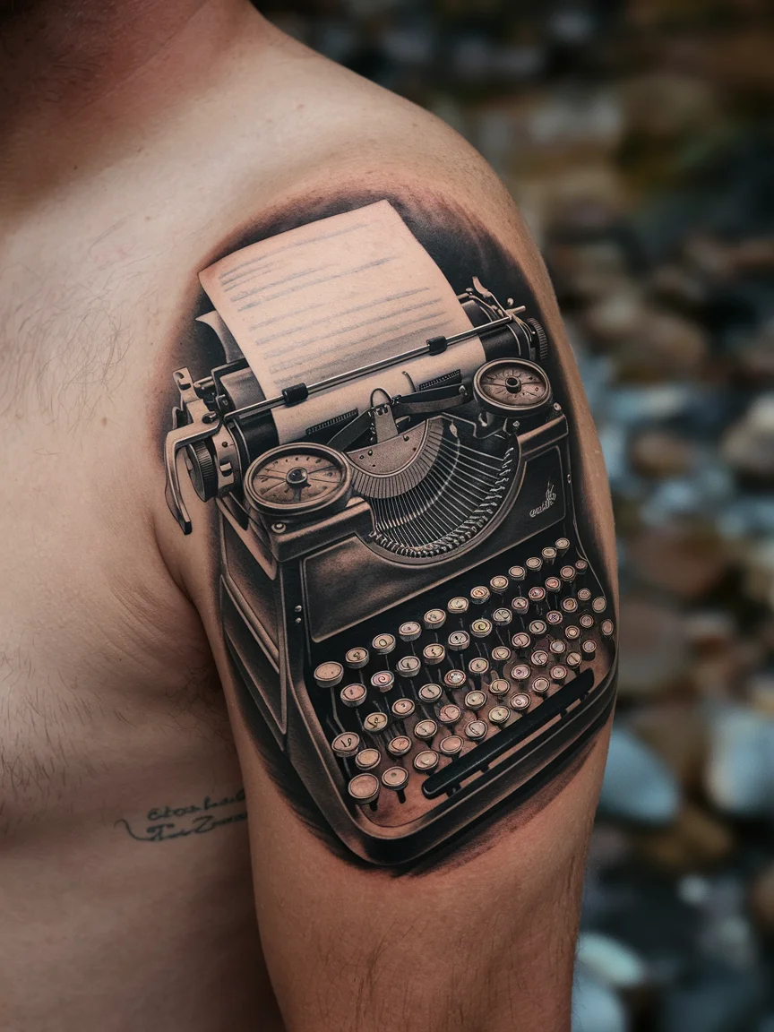 Man's upper arm tattoo of vintage typewriter