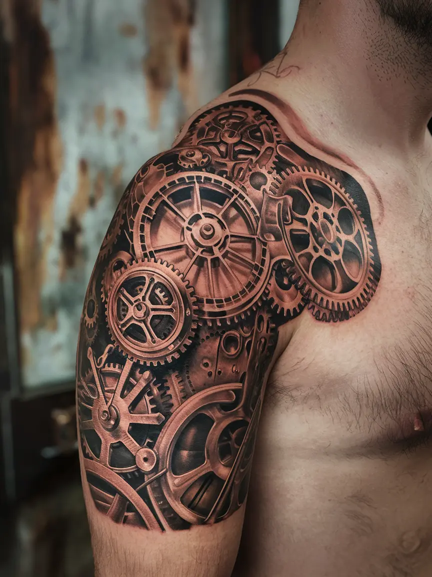 Steampunk clockwork shoulder tattoo