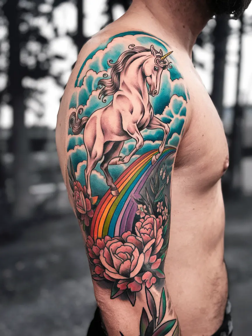 Unicorn and rainbow bridge tattoo on man's full sleeve