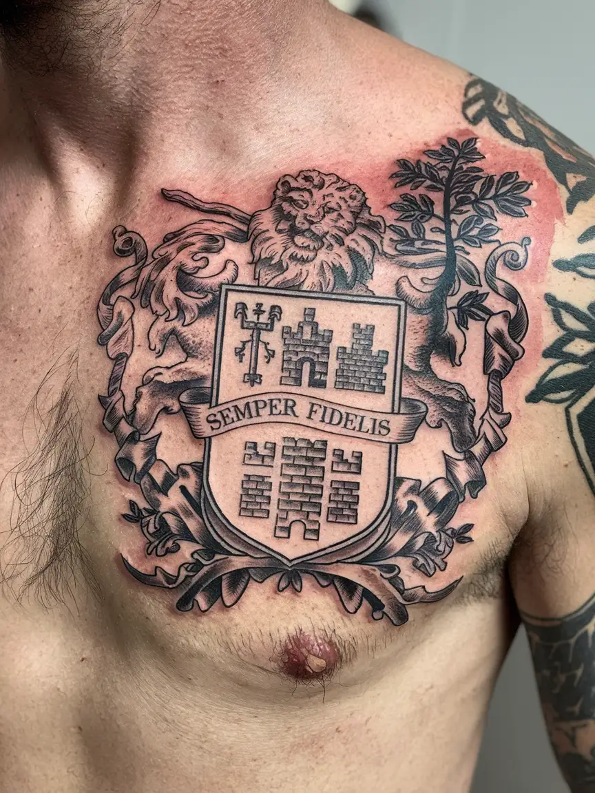 Family crest chest tattoo on man