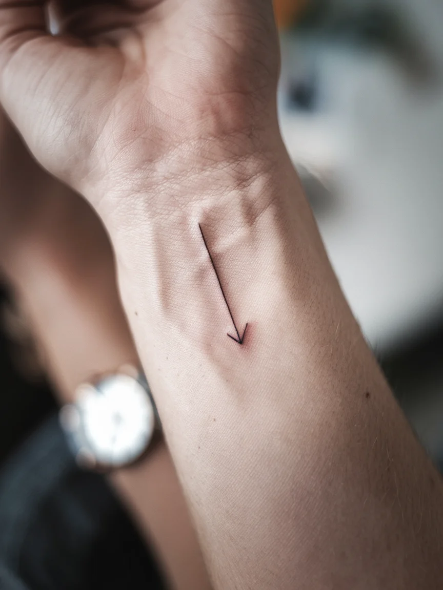 Minimalist arrow tattoo on woman's wrist
