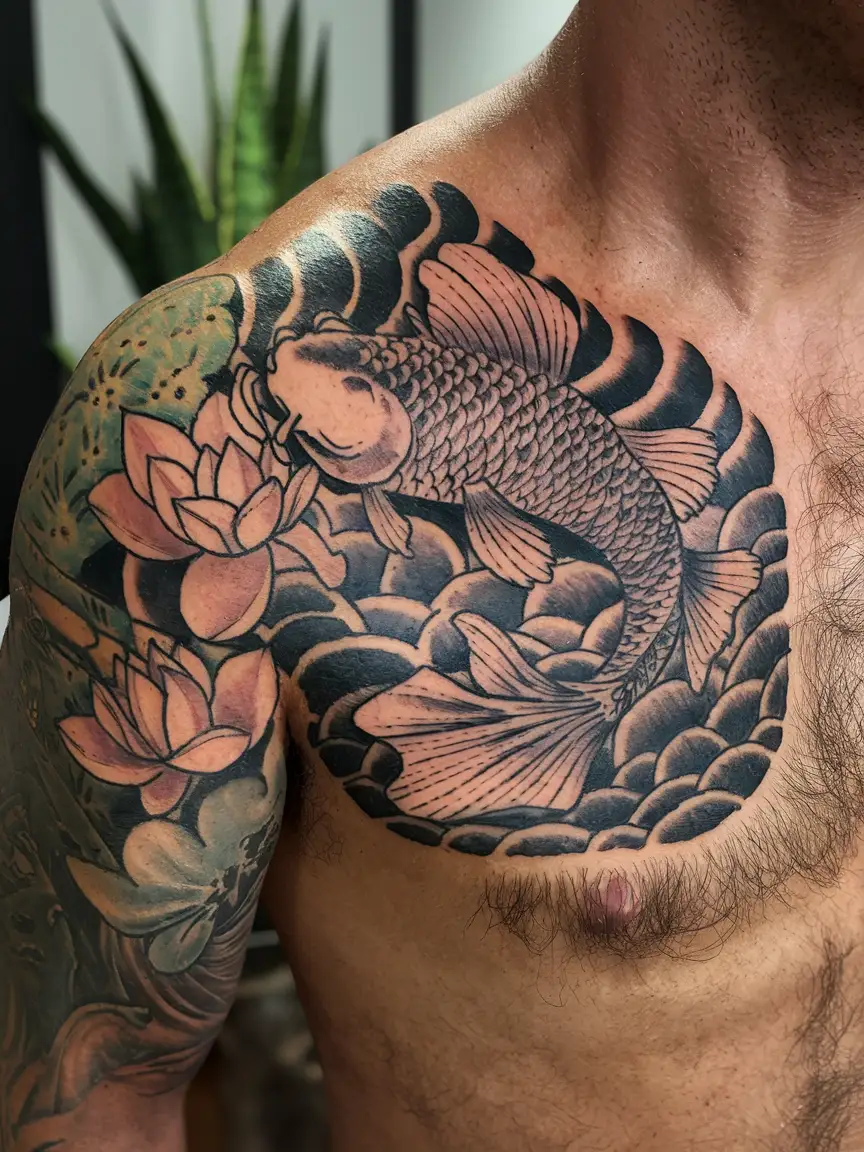 Koi fish chest tattoo on man