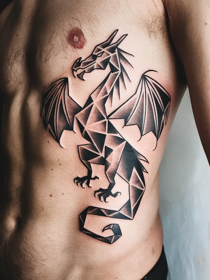 Geometric dragon ribcage tattoo