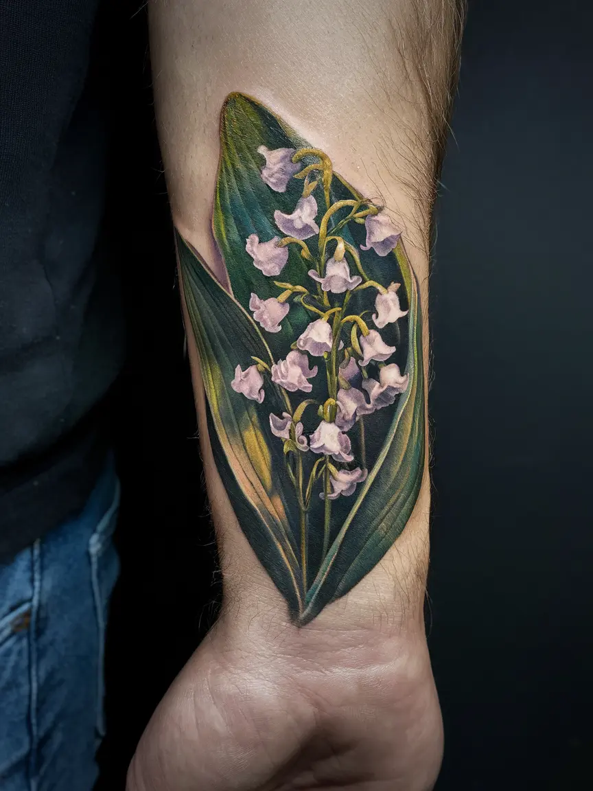 Micro-realistic lily of the valley wrist tattoo