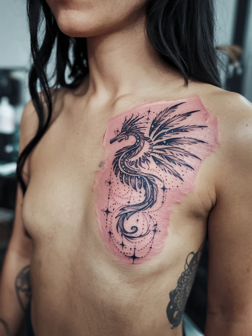Woman's ribcage tattoo of cosmic Quetzalcoatl