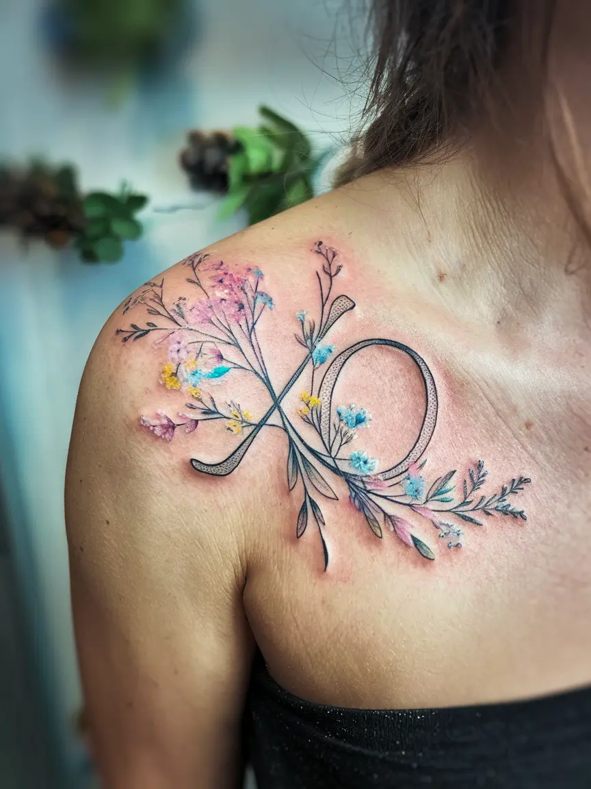 Floral XO tattoo on shoulder blade