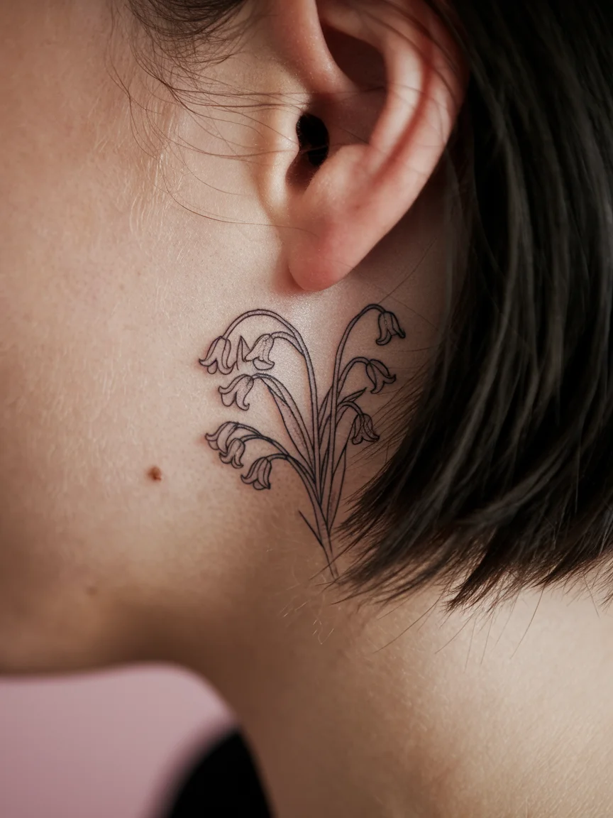 Tiny lily of the valley cluster behind-ear tattoo