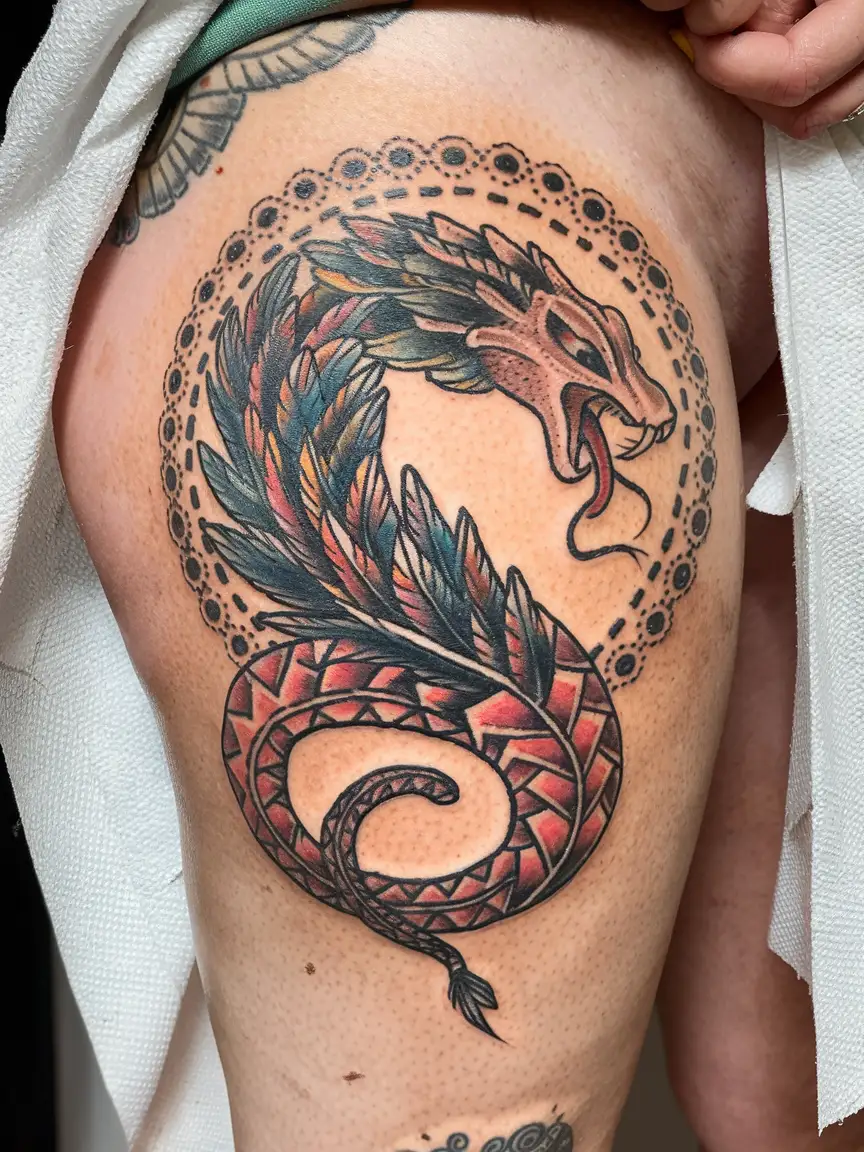 Woman's thigh tattoo of Quetzalcoatl ouroboros