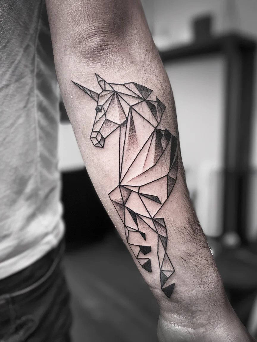 Geometric unicorn tattoo on man's forearm