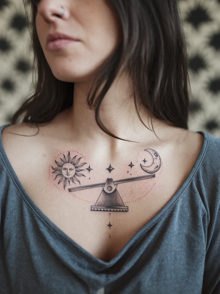 Woman's ribcage with seesaw silhouette balance tattoo