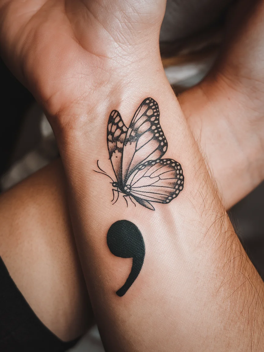 Semicolon butterfly tattoo on wrist