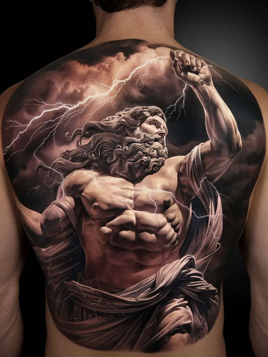Zeus back tattoo with lightning
