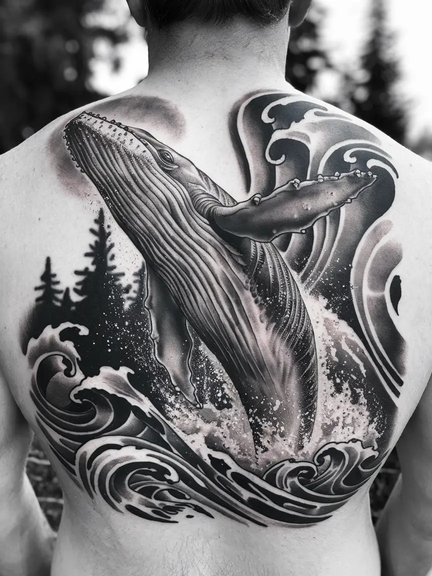 Realistic humpback whale breaching tattoo on man's back