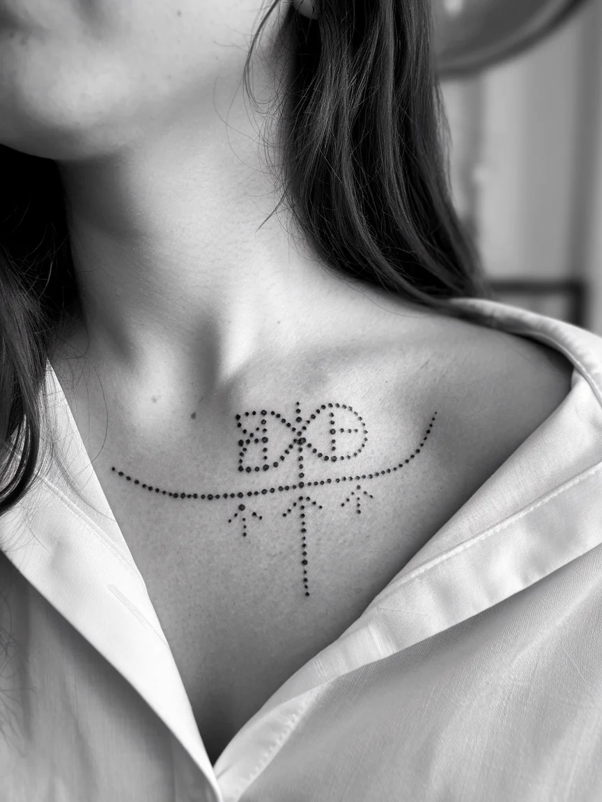 Morse code XO tattoo on collarbone
