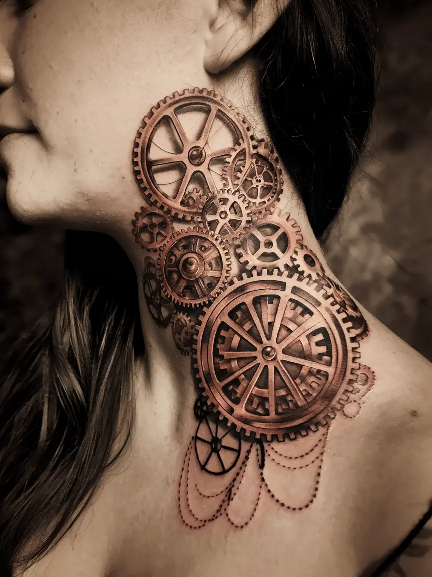 Steampunk neck tattoo