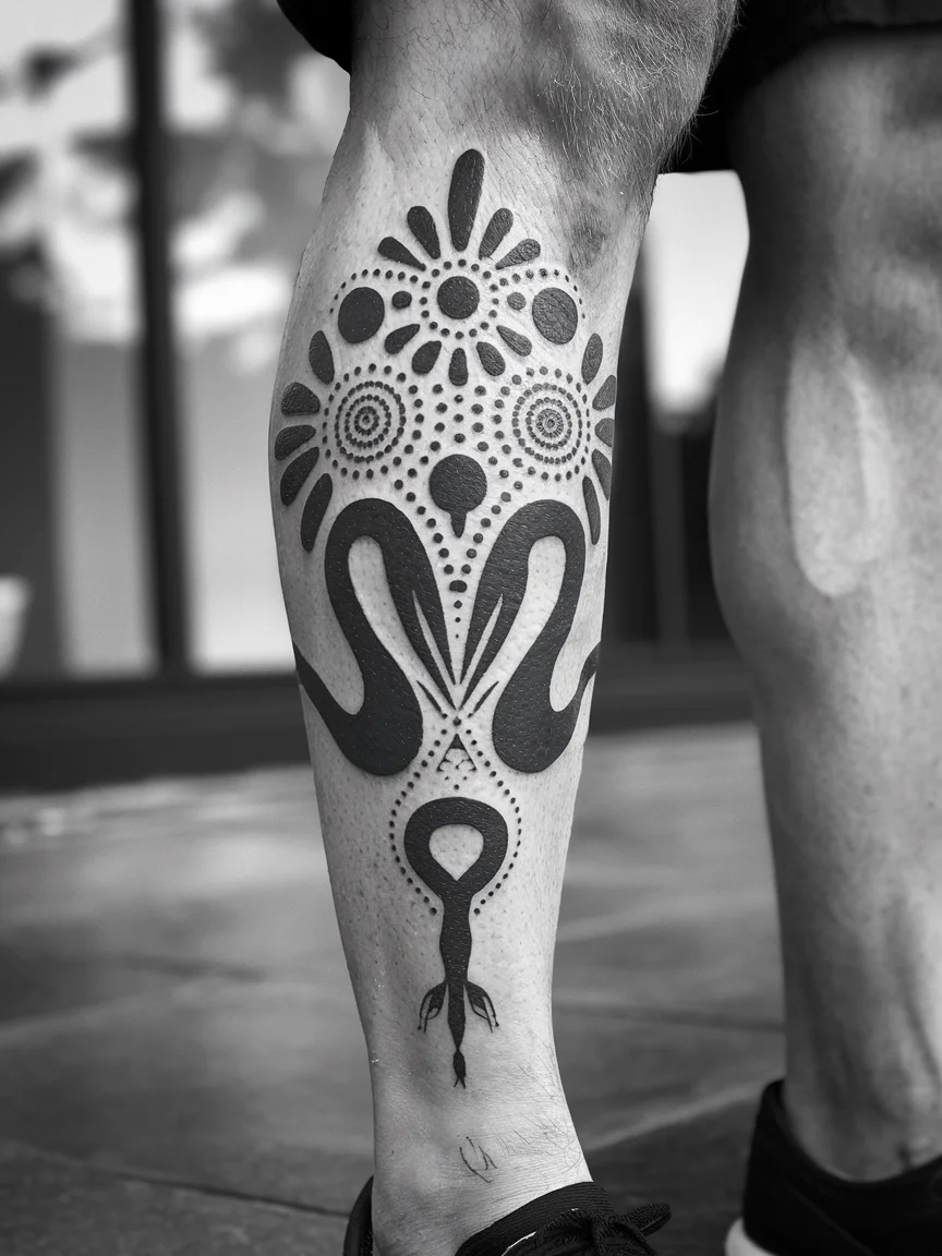 Aboriginal Dreamtime-inspired neotribal tattoo on calf