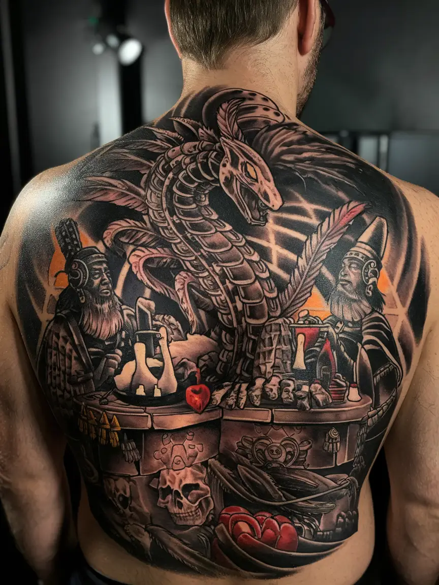Man's back tattoo of Quetzalcoatl and sacrifice scene