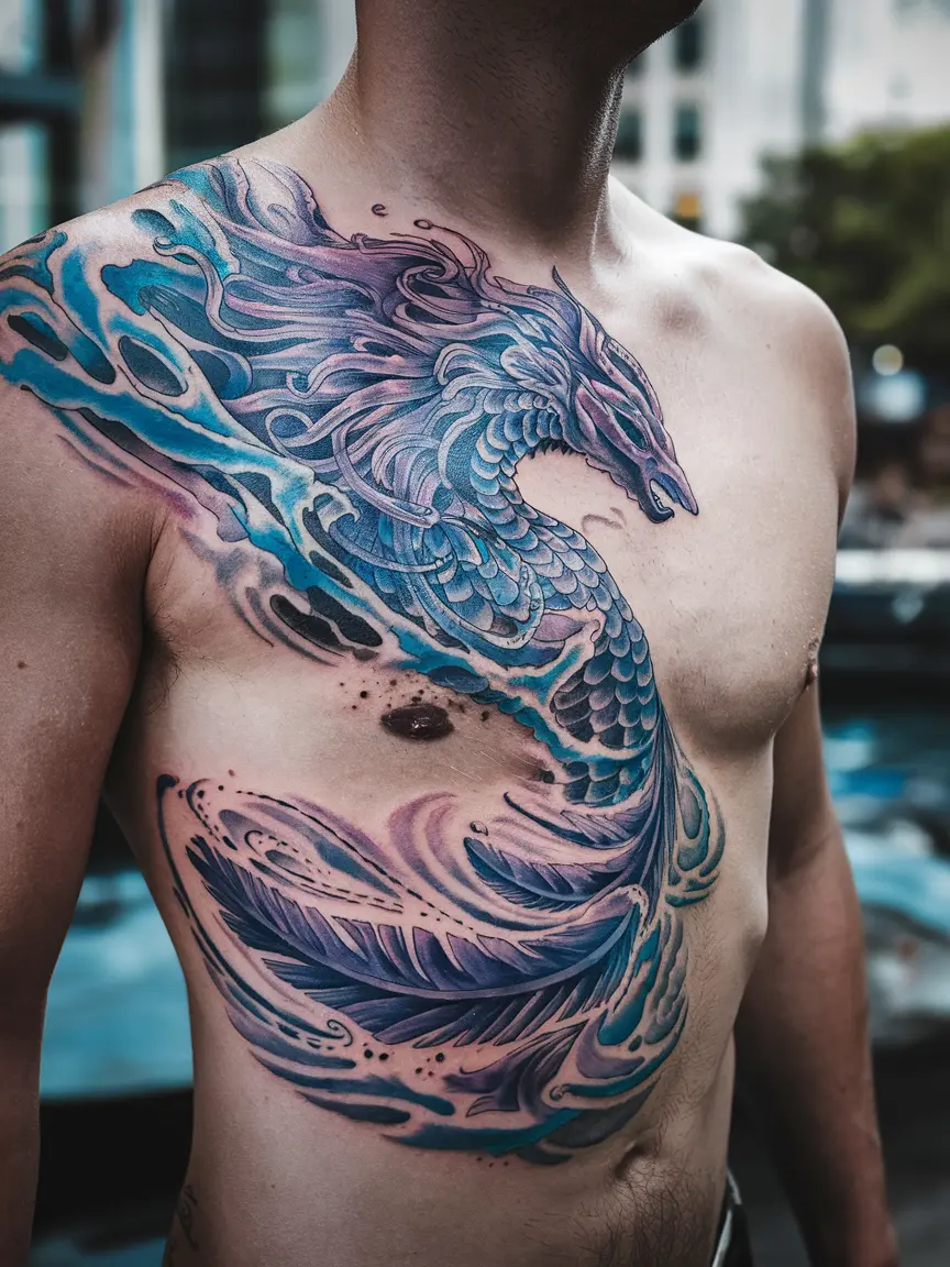 Man's ribcage tattoo of wind Quetzalcoatl