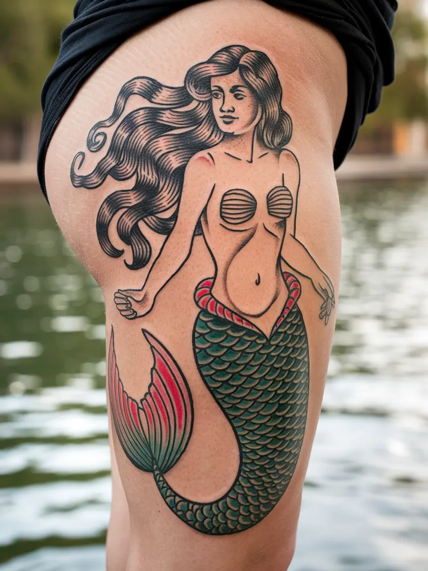 Traditional mermaid tattoo on thigh