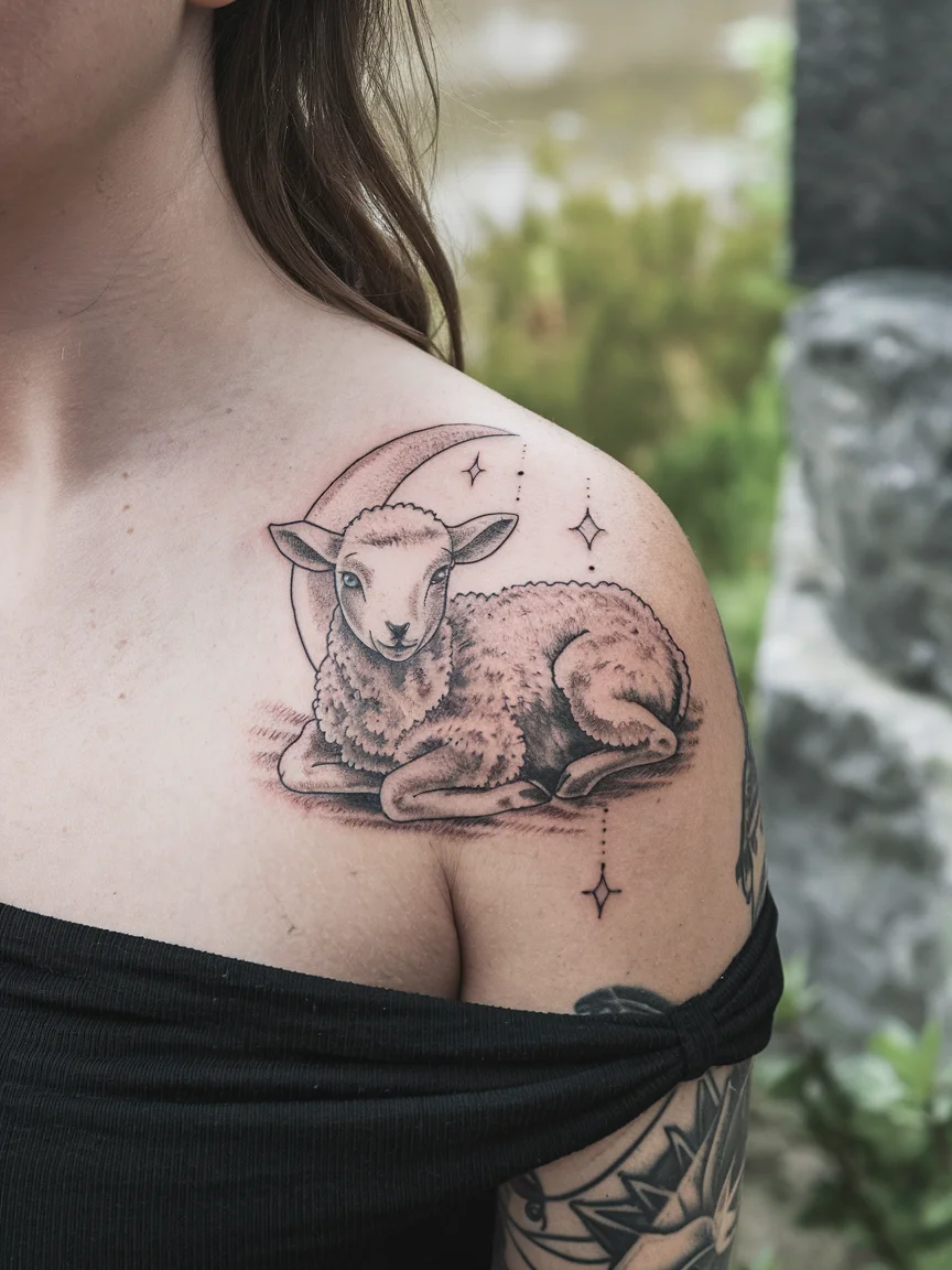 Lamb with moon tattoo on shoulder