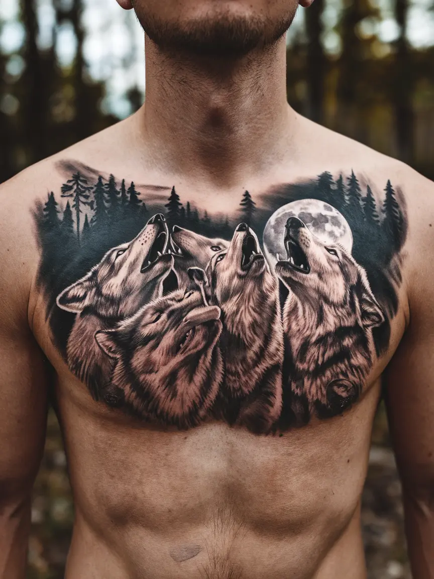 Wolf pack chest tattoo on man