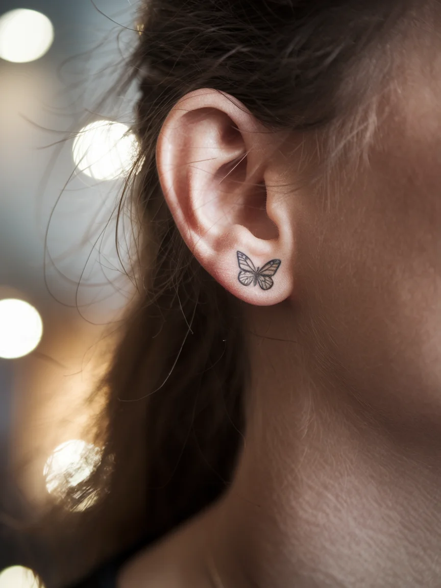 Tiny butterfly tattoo behind ear