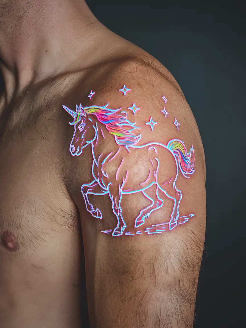 Neon unicorn tattoo on man's bicep