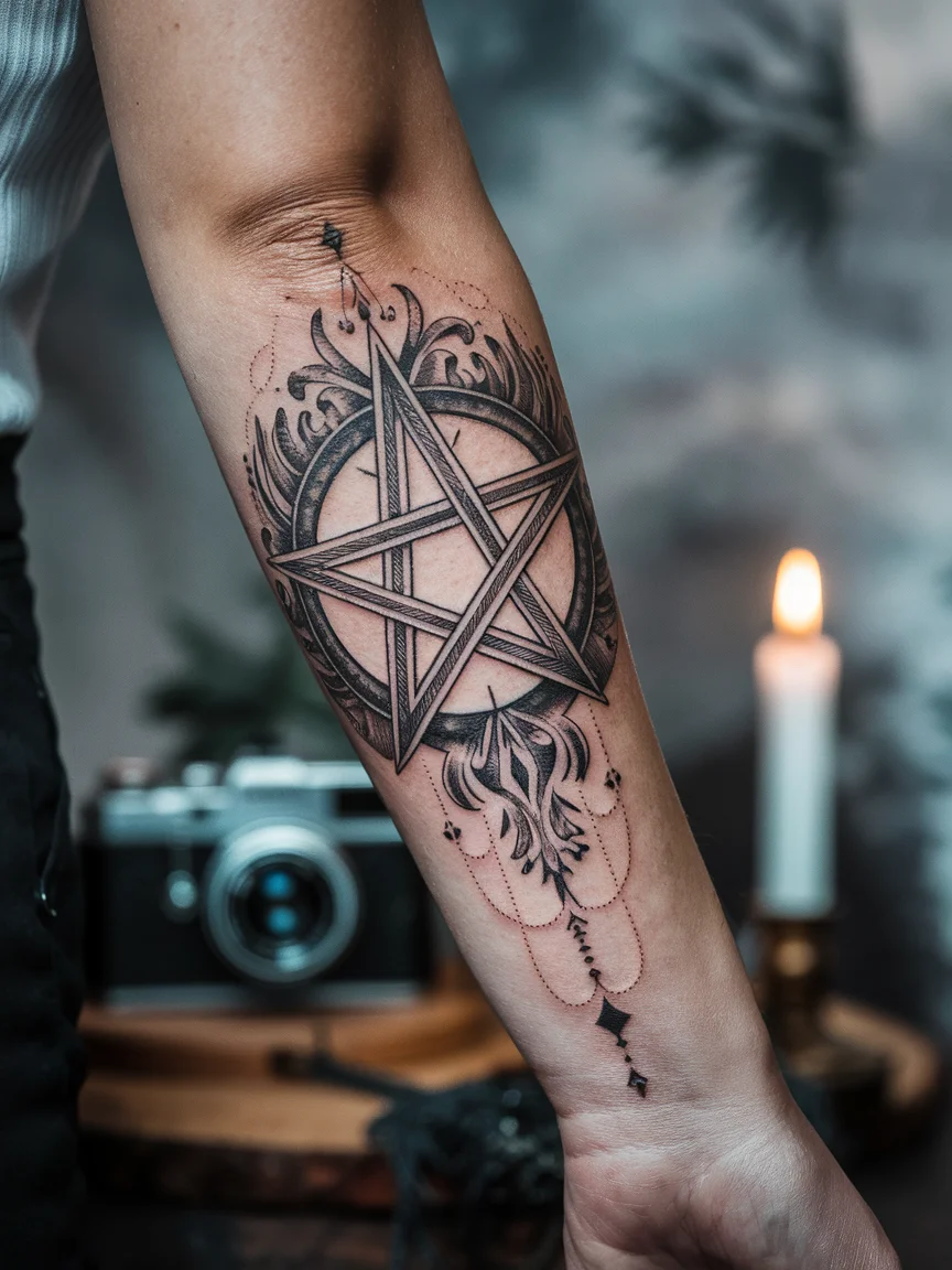 Detailed inverted pentagram tattoo on forearm