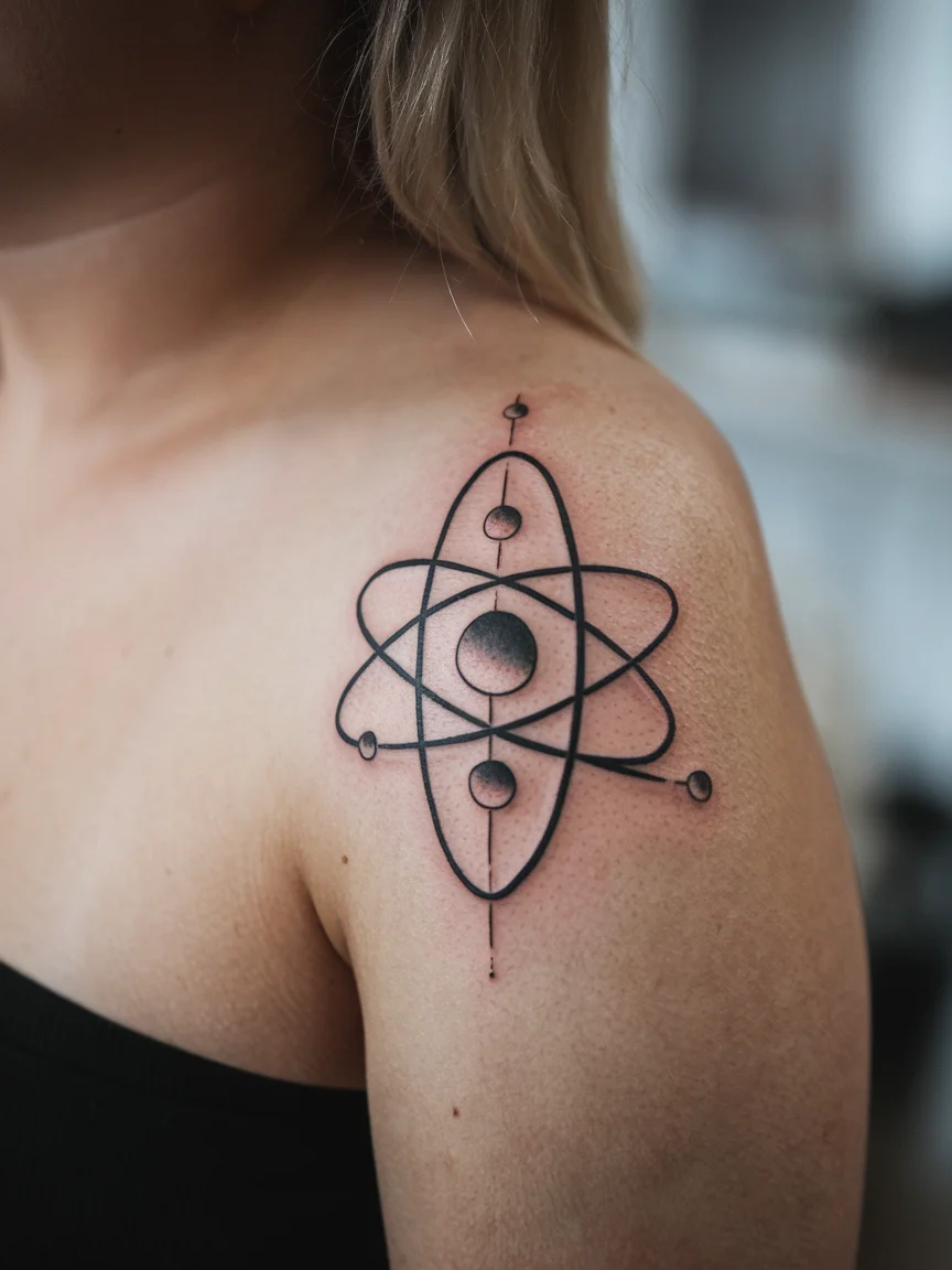 Woman's shoulder blade with balanced atom tattoo