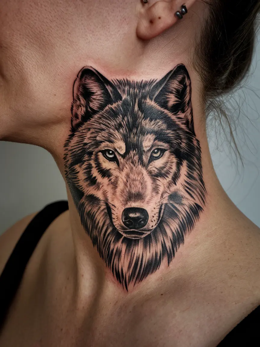 Realistic wolf neck tattoo