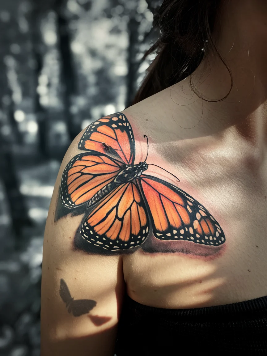 Realistic monarch butterfly tattoo on shoulder