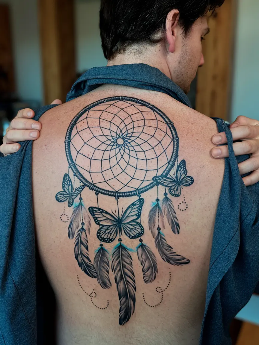 Dreamcatcher with butterflies tattoo on back