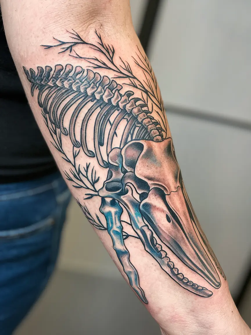 Blue whale skeleton tattoo on woman's forearm