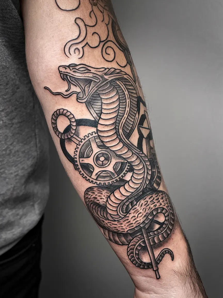 Steampunk cobra forearm tattoo