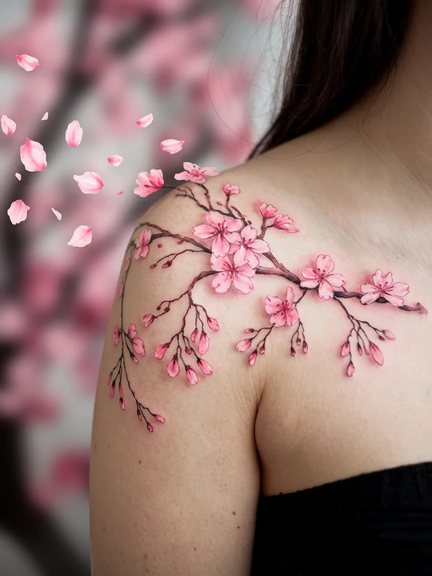 Cherry blossom branch shoulder tattoo