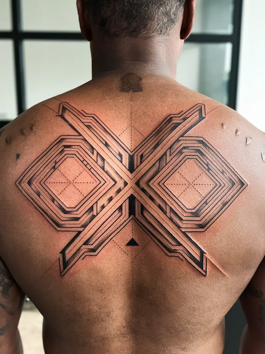Geometric XO tattoo on back