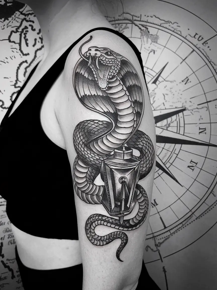 Cobra and compass arm tattoo